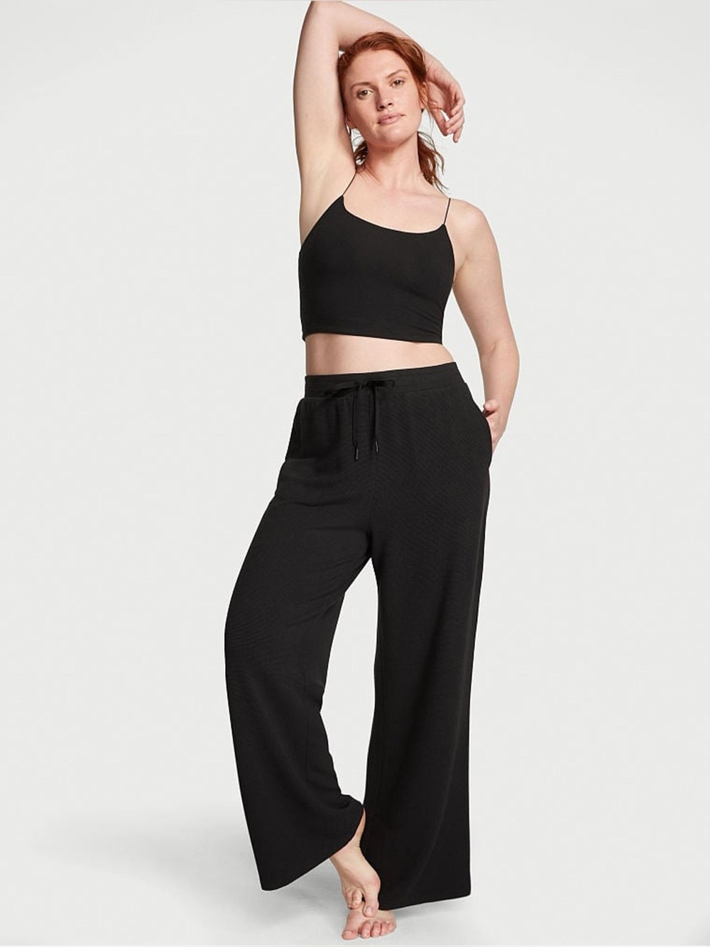 NWT Victoria's Secret Pure Black Double Knit Waffle Wide Leg Jogger Pants Small